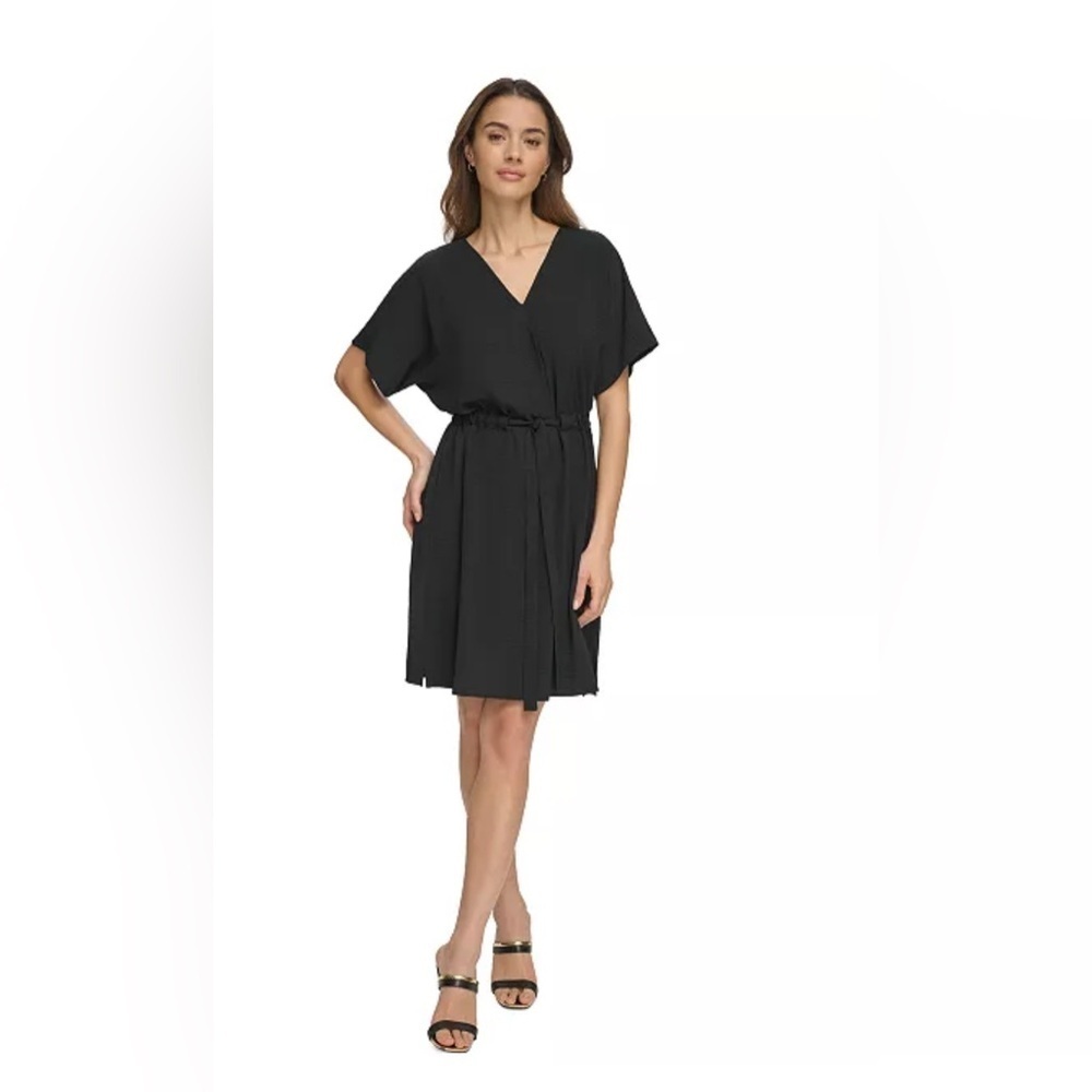 DKNY Black Washer Tie Waist Fit And Flare Dress Women’s Size 8 preppy Classic